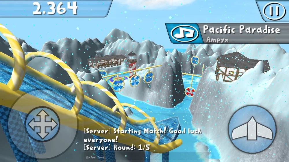 A snow level in the game, showcasing some of the 3D Artwork and UI.